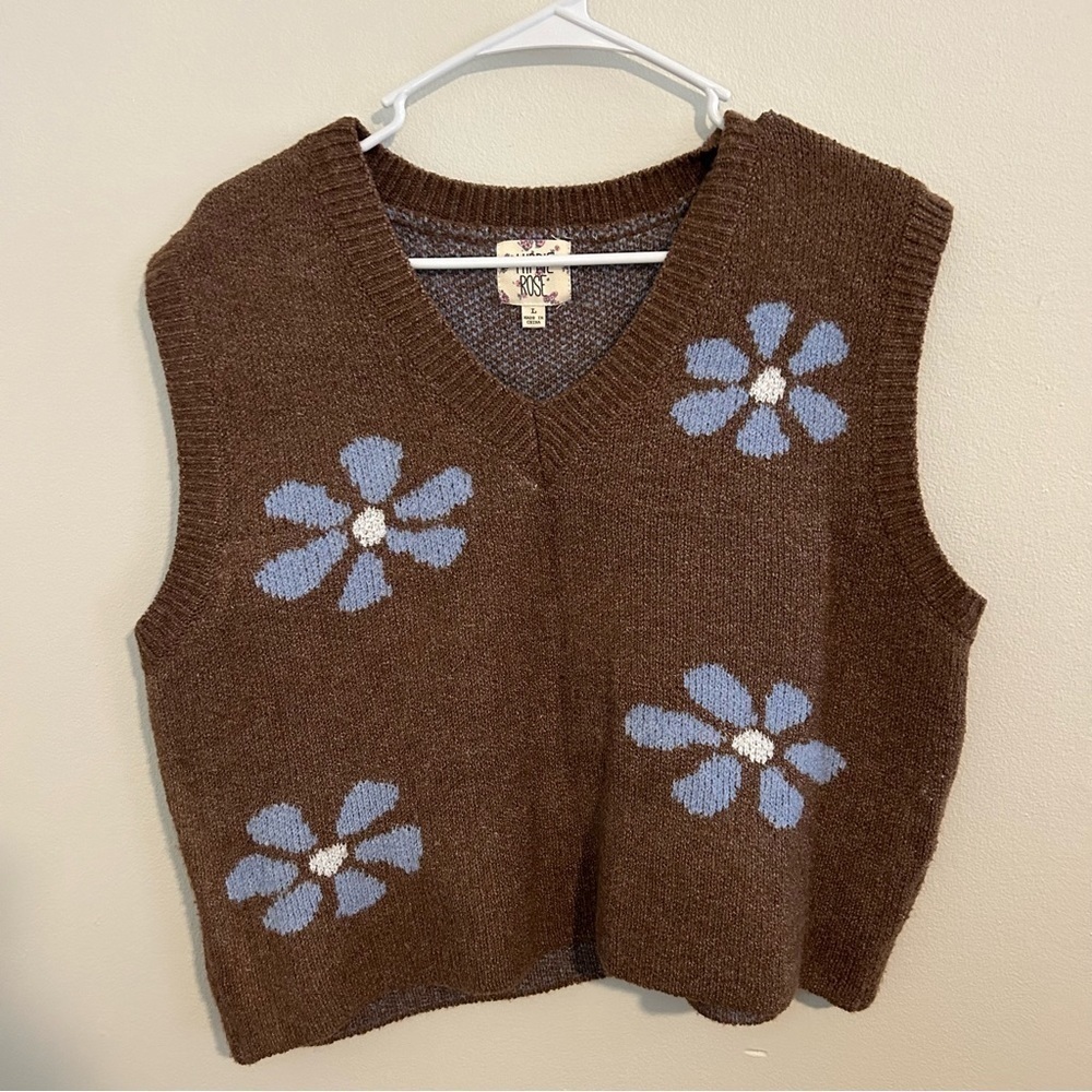 Brown Blue Flowers Sweater Vest Hippie Rose Size L Women’s